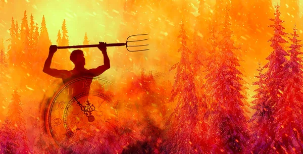 Brennender Fichtenwald Die Uhr Zeigt Fünf Minuten Vor Zwölf Zeit — Stockfoto