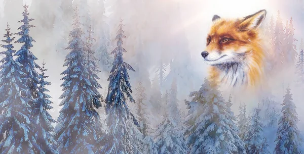 有狐狸的高山雪景 图形效果 — 图库照片