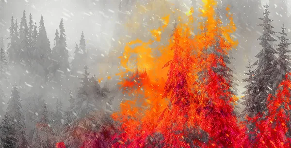 burning spruce forest and painting effect. ecology concept