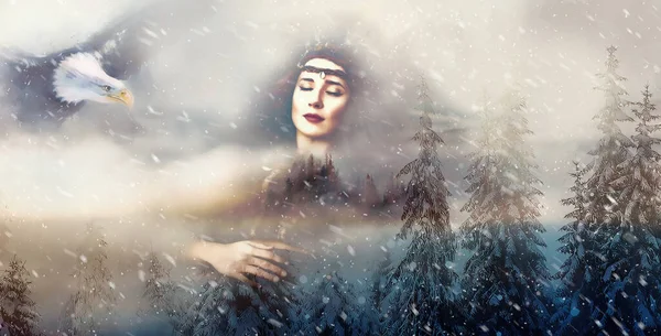Shaman woman and eagle in winter landscape, artist collage