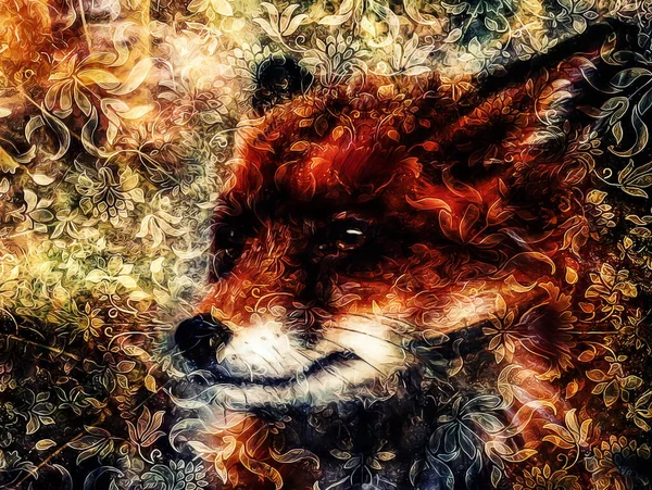 Pintura de raposa selvagem em papel. Fundo ornamental na fronteira. — Fotografia de Stock