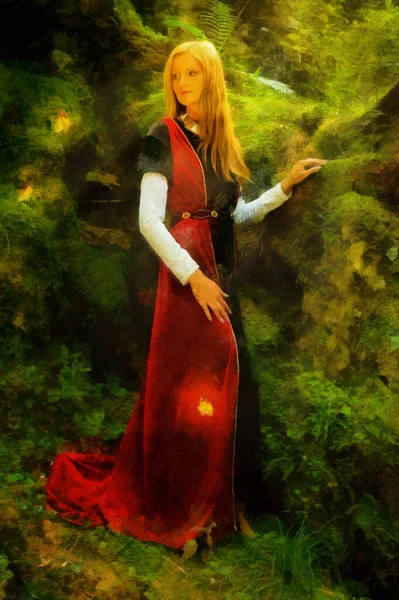 Krásná žena v historických šatech, malířský efekt. — Stock fotografie