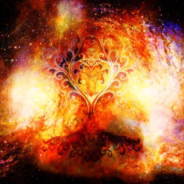Yapılandırılmış ve uzay arka planında yaşam sembolü ağacı, yaşam deseni çiçeği, yggdrasil.