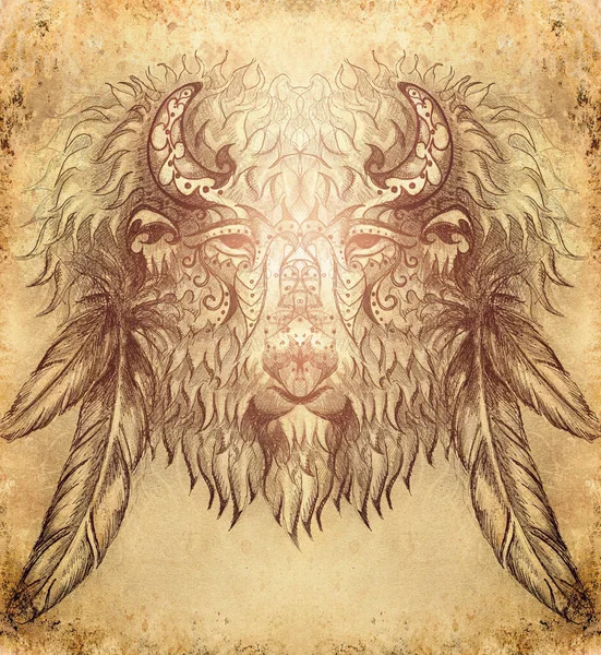 Ручной рисунок священного бизона с орнаментами . — стоковое фото