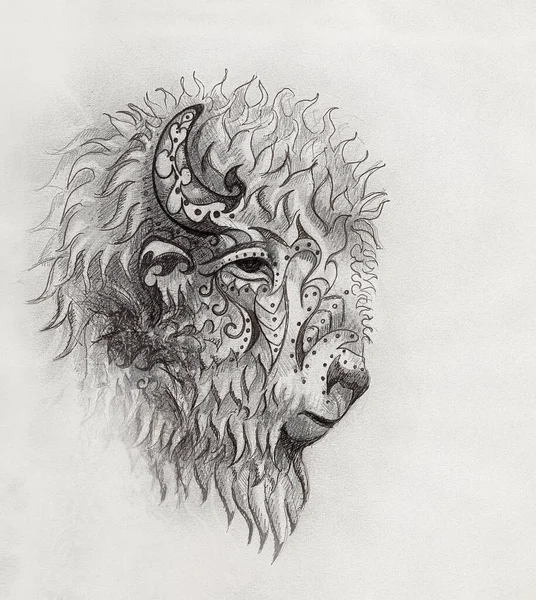 Ruční kresba posvátného bizona s ozdobami. — Stock fotografie