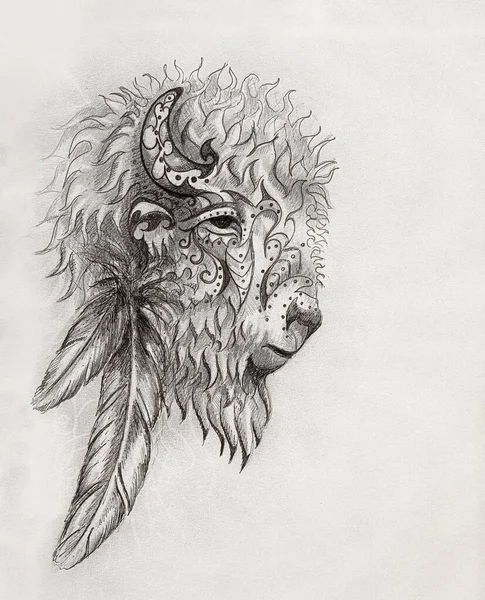 Desenho à mão de bisonte sagrado com ornamentos . — Fotografia de Stock