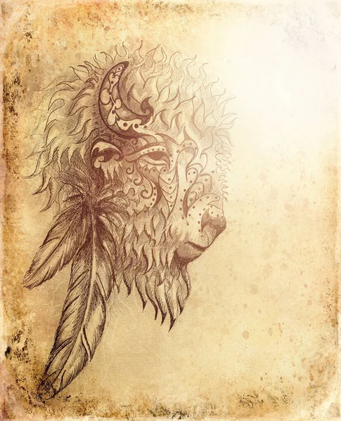 Desenho à mão de bisonte sagrado com ornamentos . — Fotografia de Stock