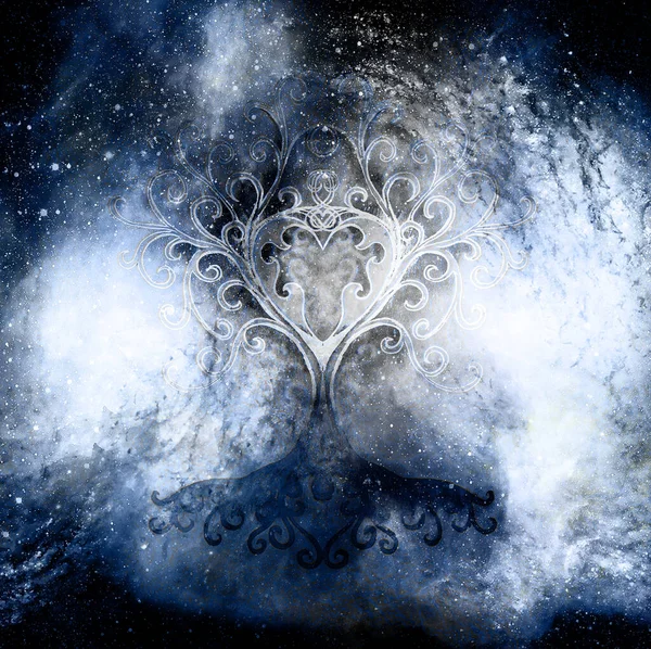 Baum des Lebens Symbol auf strukturiertem und Raum Hintergrund, Blume des Lebens Muster, yggdrasil. — Stockfoto