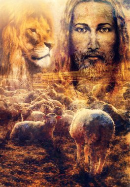 İsa İyi Çoban, İsa ve kuzular ve aslan.