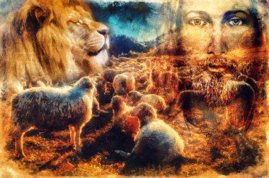 İsa İyi Çoban, İsa ve kuzular ve aslan.