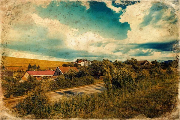 Summer village road landscape. Village road panorama, old photo effect.