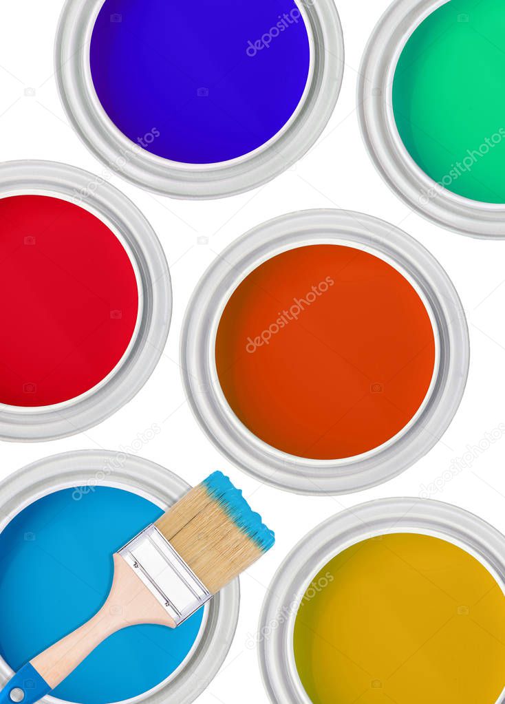 Cans of paint and brush