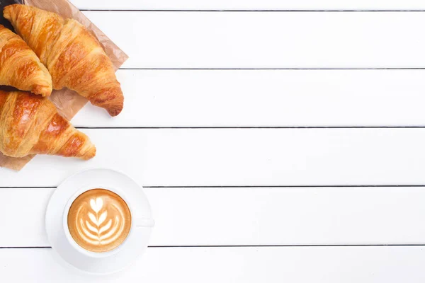 Croissant Coffee View White Wooden Background — Stock Photo, Image