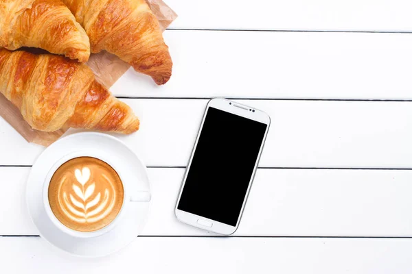 Coffee Croissant Phone Laptop View White Background — Stock Photo, Image