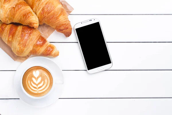 Croissant Coffee View White Wooden Background — Stock Photo, Image