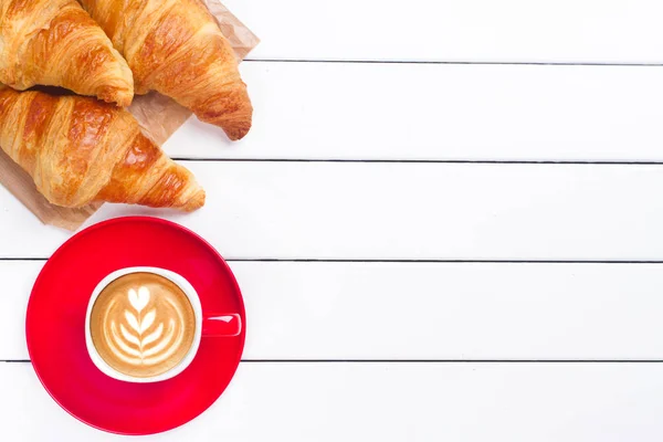 Croissant Coffee View White Wooden Background — Stock Photo, Image