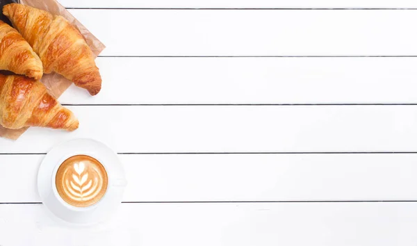 Croissant Coffee View White Wooden Background — Stock Photo, Image