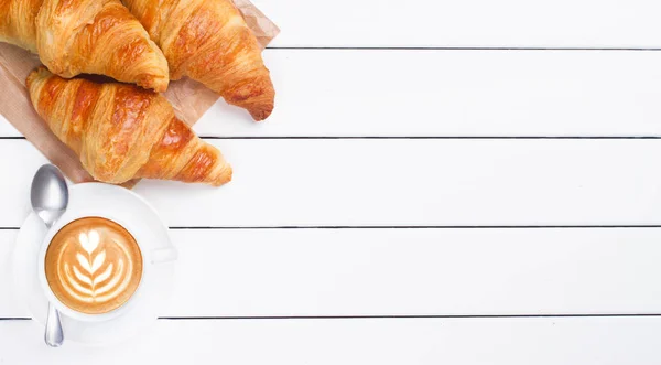 Croissant Coffee View White Wooden Background — Stock Photo, Image