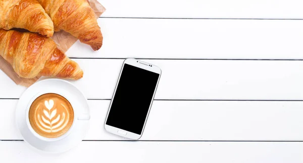 Coffee Croissant Phone Laptop View White Background — Stock Photo, Image