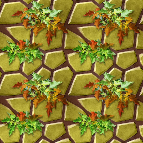 Φυσικό χωρίς συγκόλληση 3d pattern από πέτρες σε χρυσό και τα πράσινα και κόκκινα αγκάθια — Φωτογραφία Αρχείου