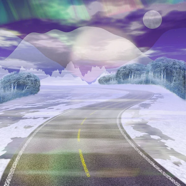 Paysage hivernal avec route enneigée, montagnes, ciel, lune et forêt — Photo