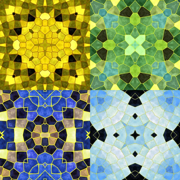 Padrões caleidoscópicos sem costura abstratos com estrelas estilizadas. Conjunto de quatro fundos de mosaico coloridos sem costura nas cores de inverno . — Fotografia de Stock