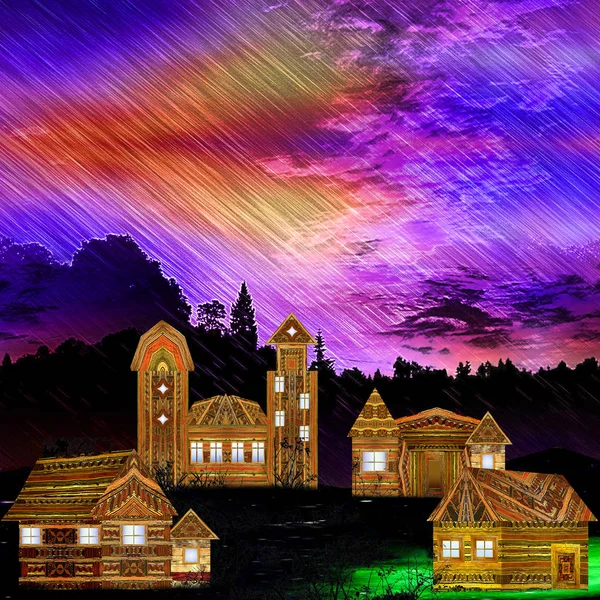 Landscape with wooden carved houses, church, dramatic sky and silhouettes of trees — Stock Photo, Image