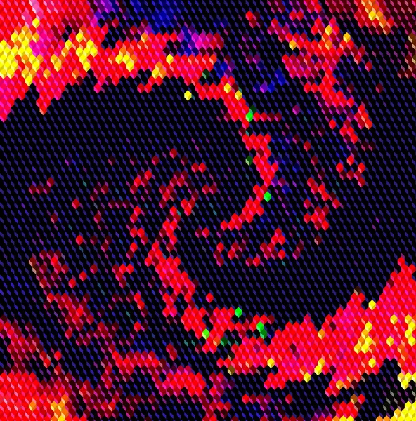 Motivo astratto oro, rosso, verde e nero vorticoso di cubi a mosaico e spirali smerlate — Vettoriale Stock