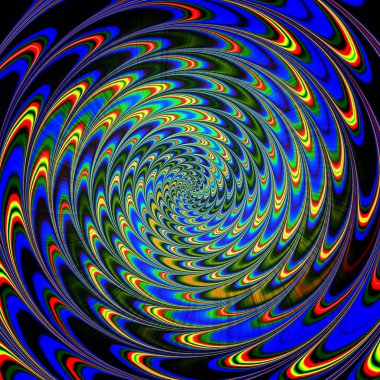 Kırmızı, yeşil, sarı ve mavi konsantrik spiraller dönen soyut dinamik desen