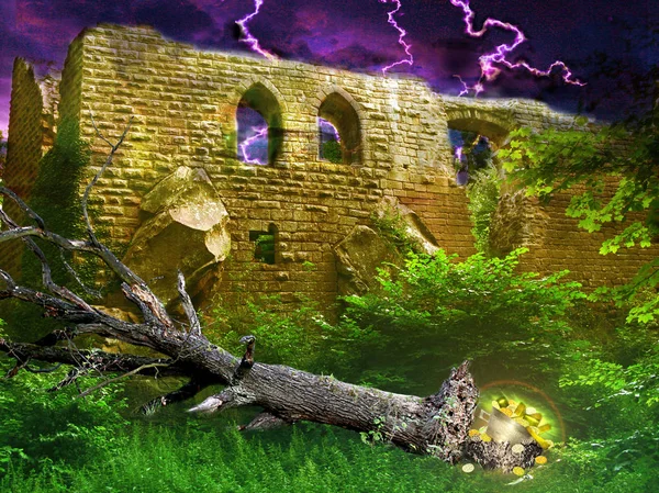 Mysterious golden treasure under toppled tree hidden in bushes next to ancient castle revealed during lightning storm — Stock Photo, Image