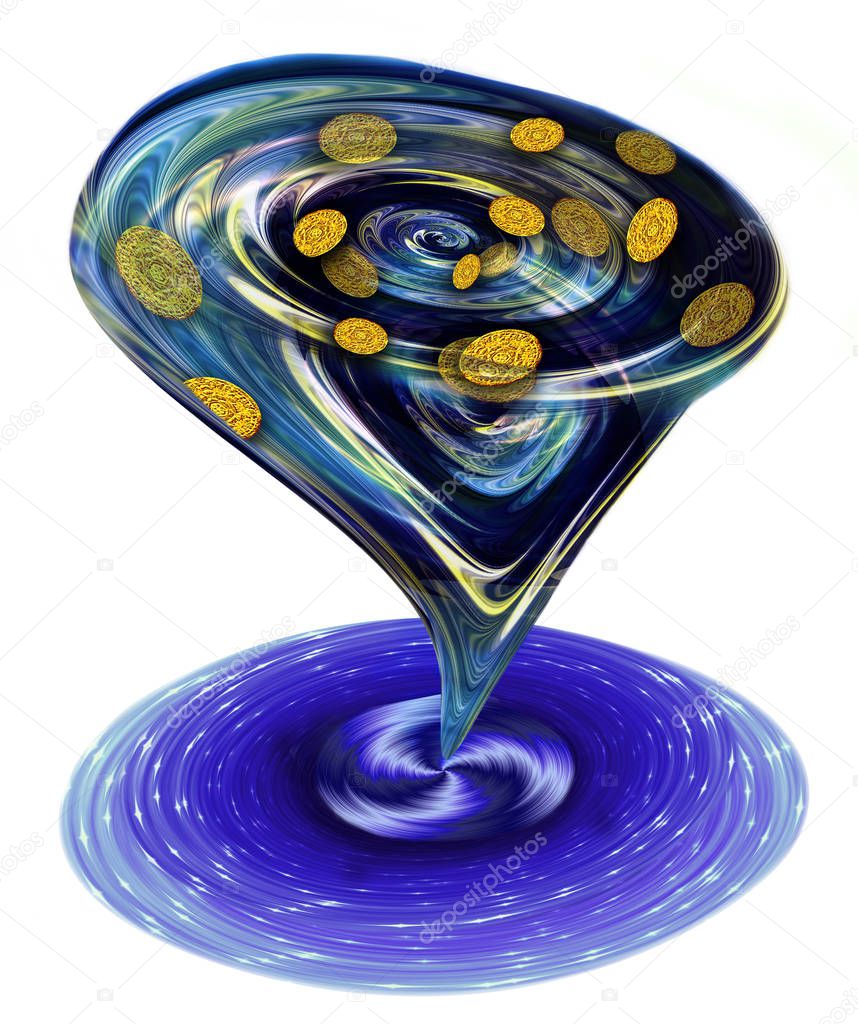 Swirling money sinking water vortex eating coins splashing stream of coins in flow of blue water current to a black hole of cash flow