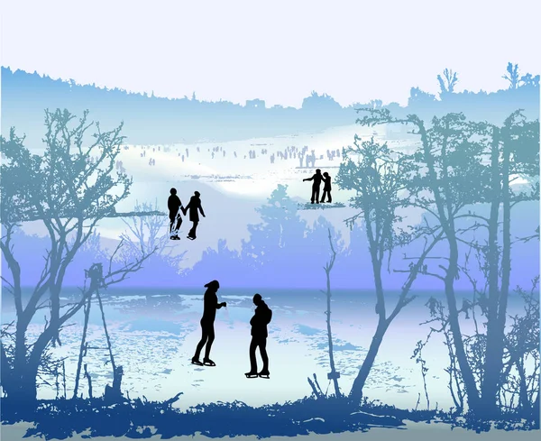 Paysage hivernal avec des gens patinant sur un lac gelé — Image vectorielle