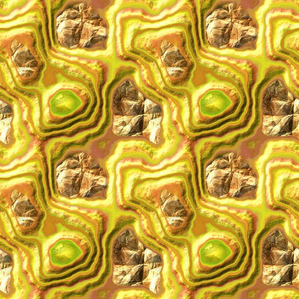 Abstrato padrão de relevo 3d sem costura de ouro, laranja e verde em camadas pedras poligonais e pedras preciosas — Fotografia de Stock