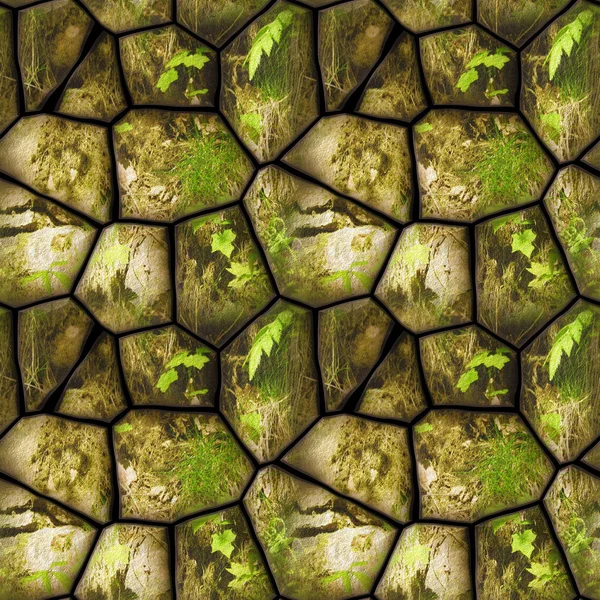 Seamless mönster med blad, gräs och spruckna stenar — Stockfoto