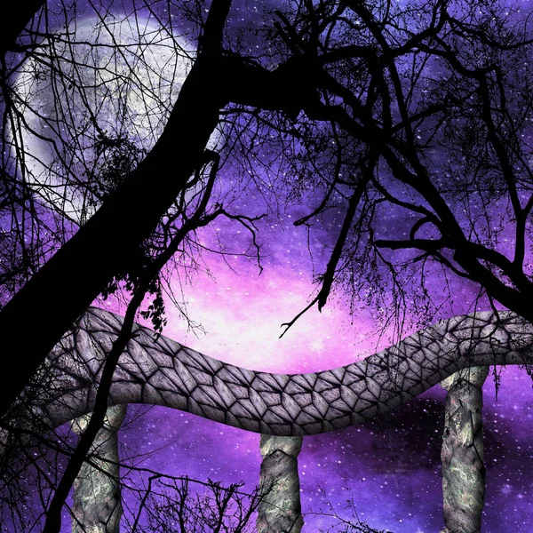 Ağaçlar, ay ve taş köprü ile karanlık gece manzarası