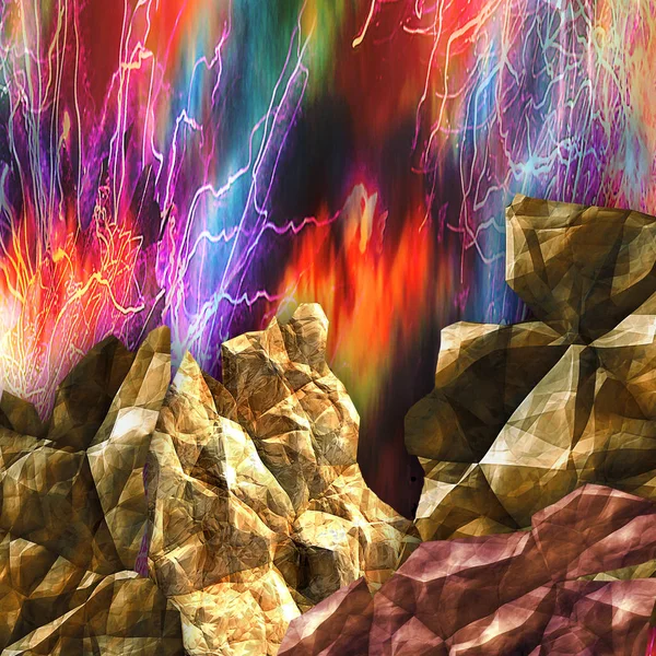 Volcán con llamas y rayos. Fondo brillante rojo, azul, verde y azul con piedras — Foto de Stock