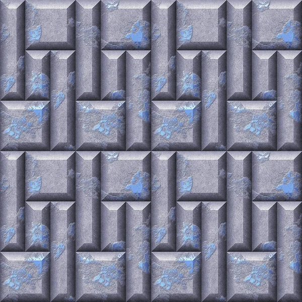 Abstract seamless relief pattern of silver and blue scratched squares and beveled rectangles — Stock Photo, Image