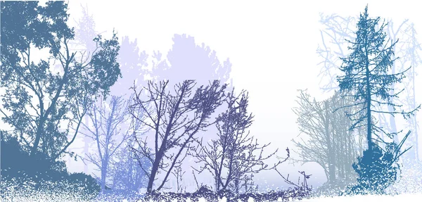 Panoramic winter forest landscape with silhouettes of snowy trees, plants and bushes
