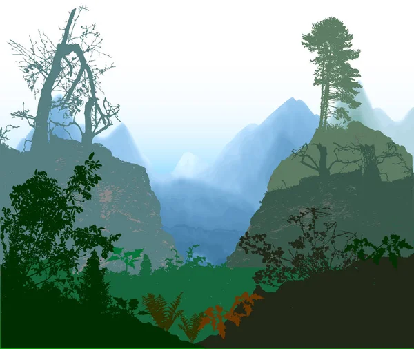 Paisaje salvaje panorámico con siluetas de árboles y montañas azules — Vector de stock