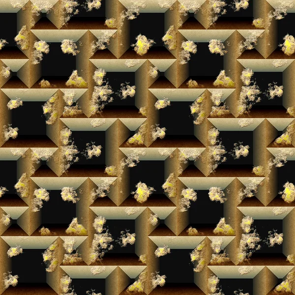 シームレスなレリーフ 3 d のモザイク パターンの傷が黒とゴールドのキューブとピラミッド型の図形. — ストック写真