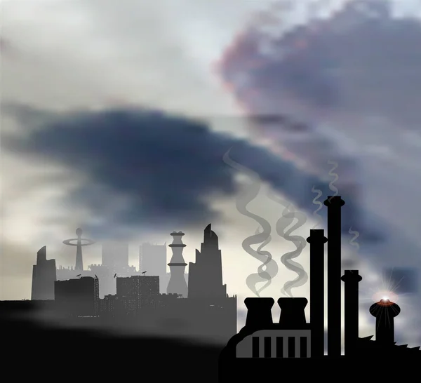 Paisaje oscuro con ciudad panorámica moderna y fábrica química en primer plano — Vector de stock