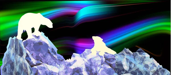 Paysage nordique avec silhouettes d'ours polaires et aurores boréales — Image vectorielle