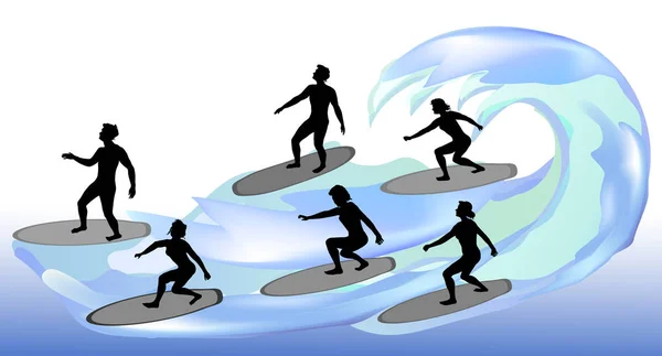 Siluetter av surfare på vågor — Stock vektor