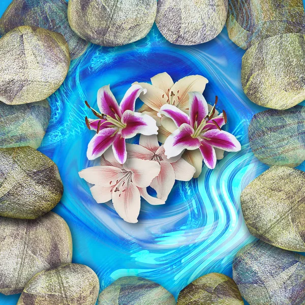 Natural lagoon with round stones and bouquet of lilies — Stock Photo, Image