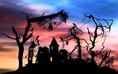 Baykuş ve kuşlar ile korkunç bir ormanda korkunç Cadılar Bayramı evi