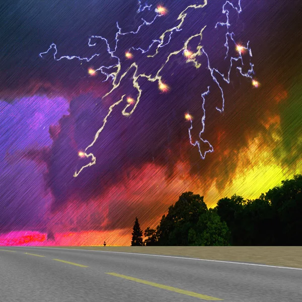 Landscape with road, silhouettes of trees, storm clouds and lightning — Stock Photo, Image