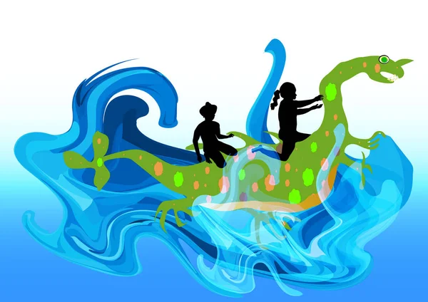 Çocuk omurga üzerinde taşıyan su canavar