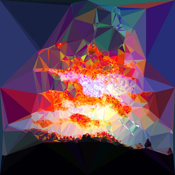 Abstrakter Hintergrund von Polygonen, die einer Landschaft mit dramatischem Himmel bei Sonnenuntergang ähneln — Stockvektor