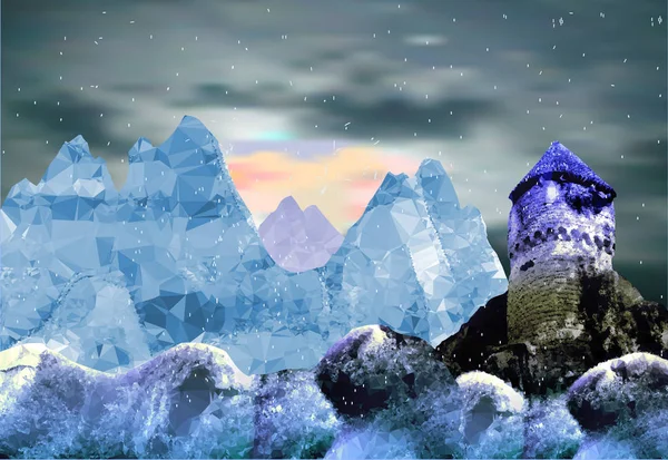 Paysage de montagne d'hiver avec chute de neige et château — Image vectorielle