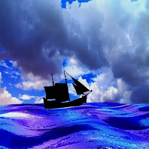 Paysage avec mer, silhouette de voilier et ciel dramatique avec nuages orageux — Photo